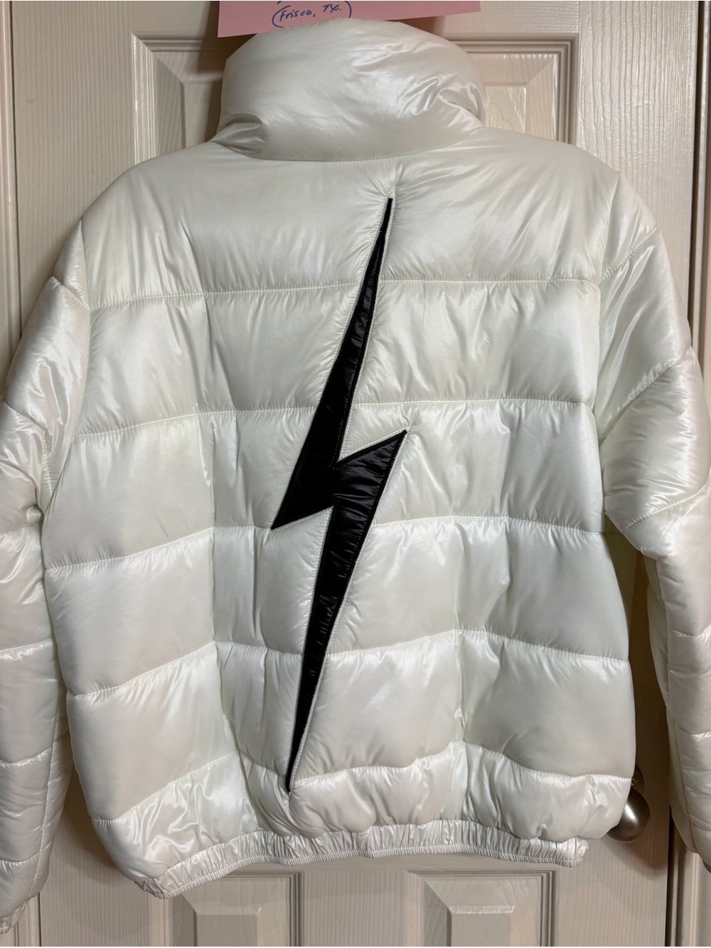 Aviator Nation White Puffer Jacket with Black Lightning Bolt